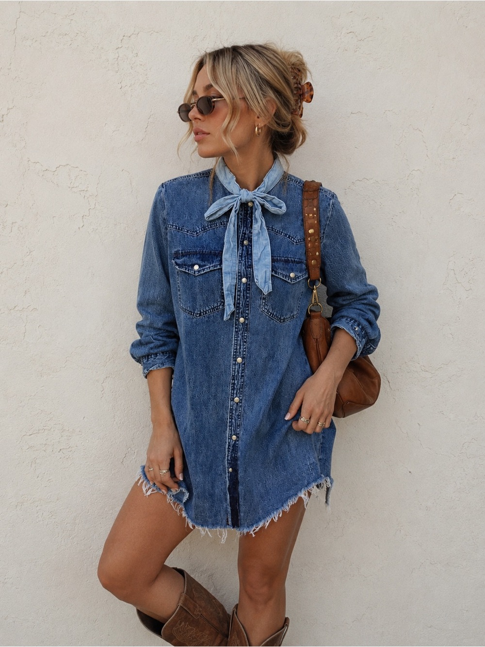Lucky Brand Denim Tie Neck Shirt Dress Frayed Hem Western Cowgirl S
